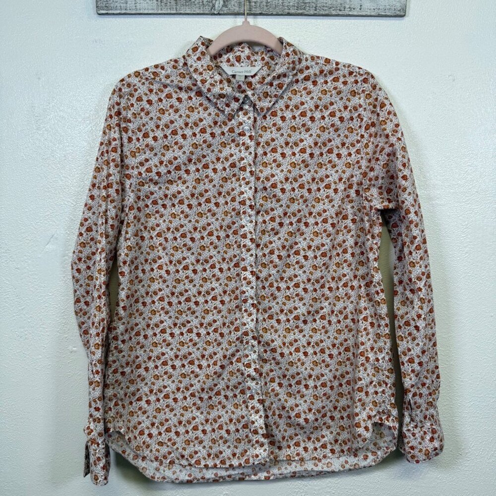 Women's Garnet Hill 100% Organic Pima Cotton Button Down Shirt 8 Floral Cottage